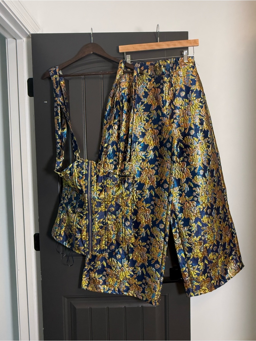 AKIRA Navy Brocade Corset Top and Pants Set - Picture 7 of 13